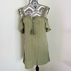 Aerie Women’s Green Off Shoulder Tasseled Cotton Cover Up Tunic Dress XS